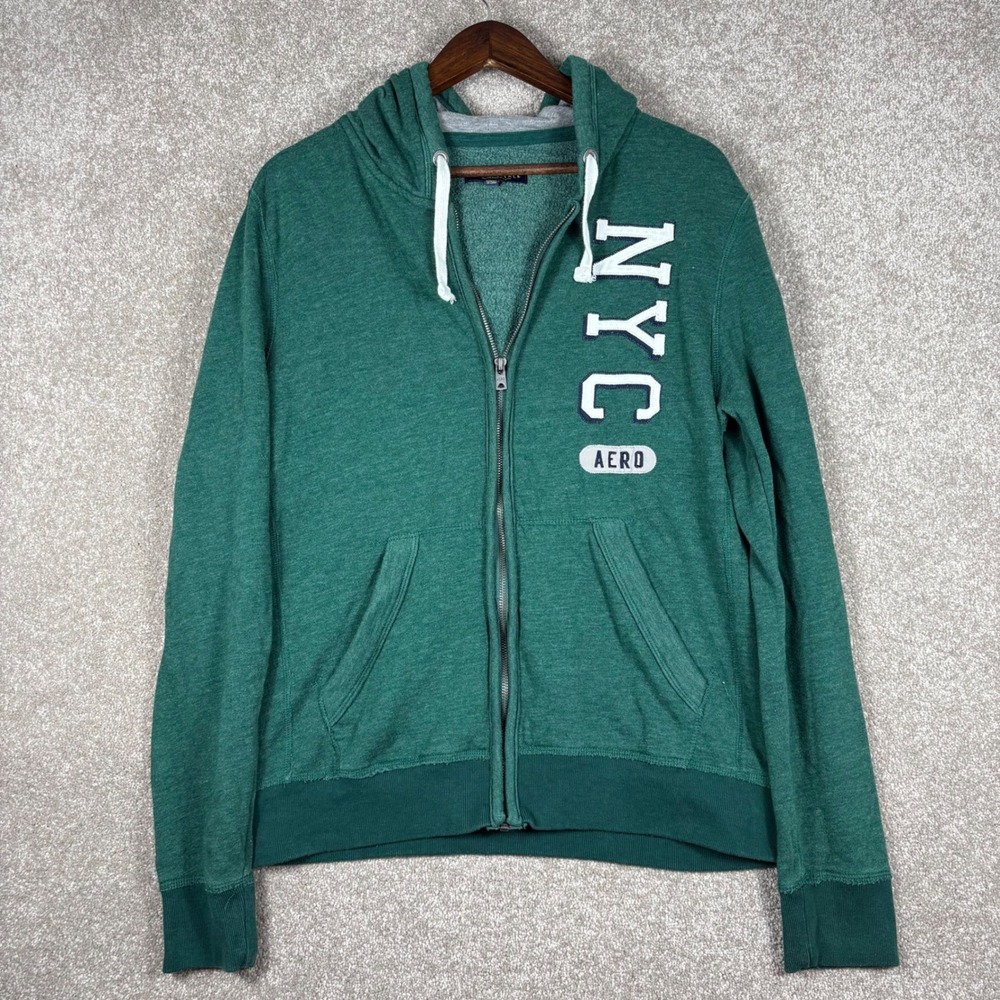 Aeropostale Mens NYC Full Zip Hoodie Green Heather Fleece Sweatshirt Medium